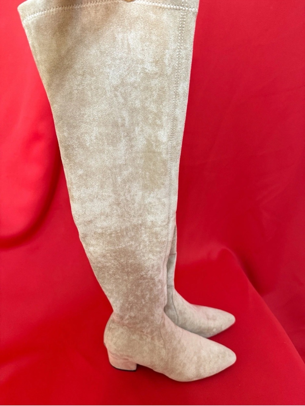 US 9 Sz 41 Boots Over Knee As Suede 2”Block Heel Almond Toe Shaft 23” Beige - Picture 6 of 15